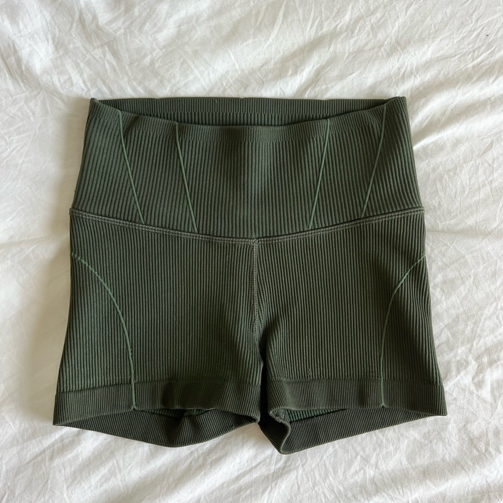 Olive Green Ribbed Biker Shorts